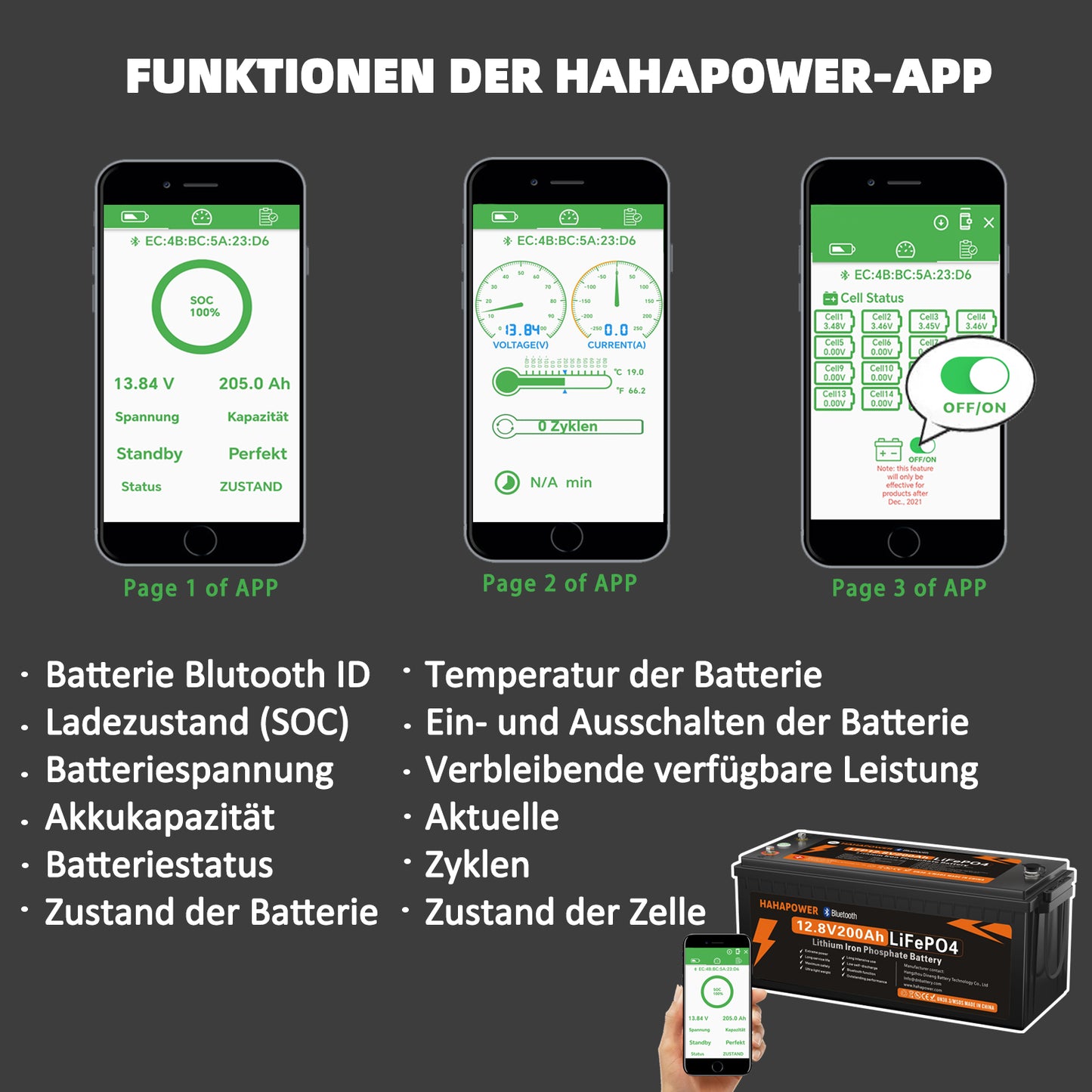 HAHAPOWER 12V 200Ah Bluetooth LiFePO4 Battery