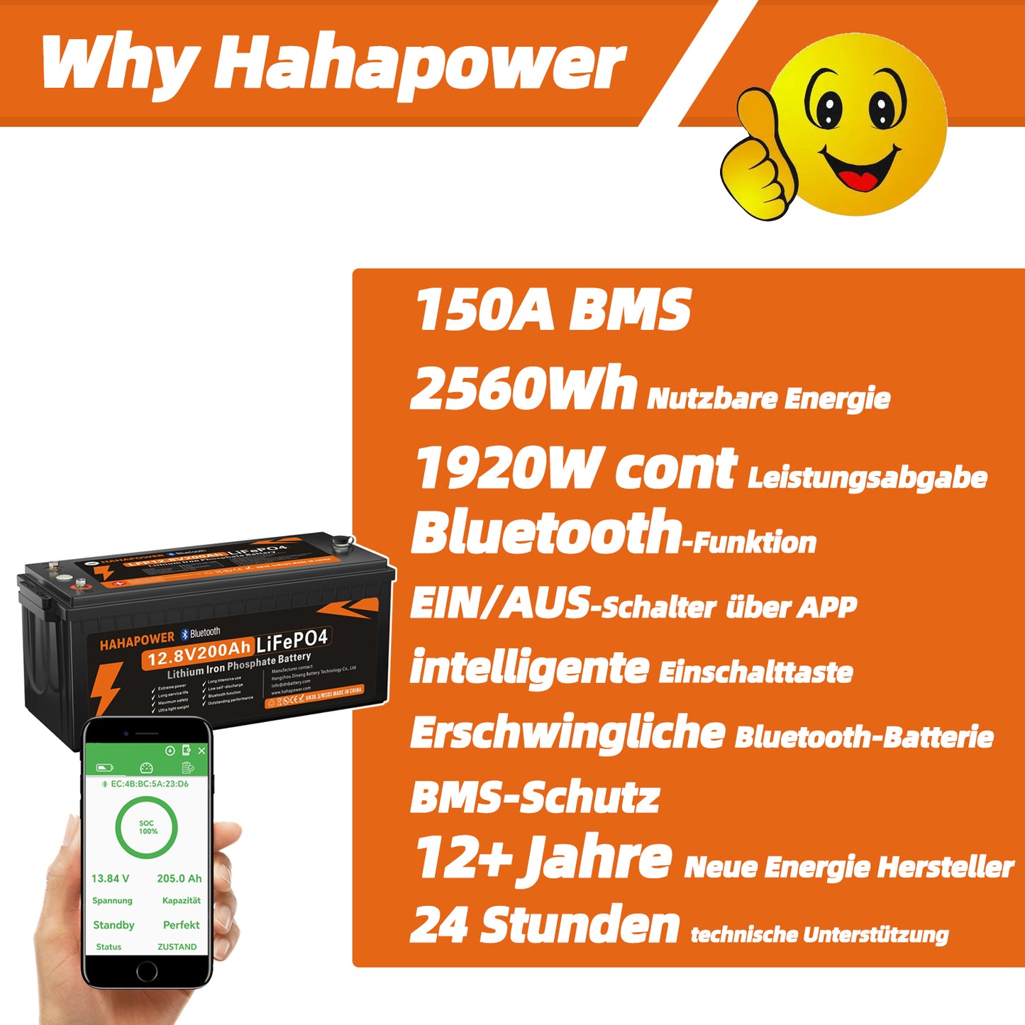 HAHAPOWER 12V 200Ah Bluetooth LiFePO4 Battery