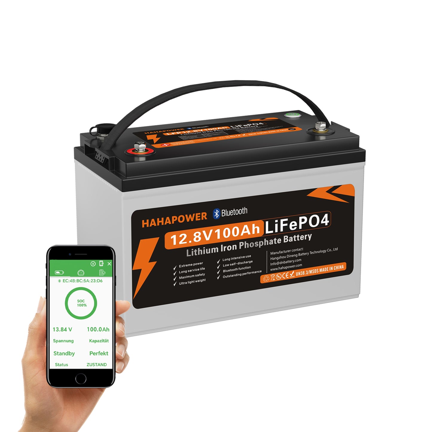 HAHAPOWER 12.8V 100Ah Bluetooth LiFePO4 Battery