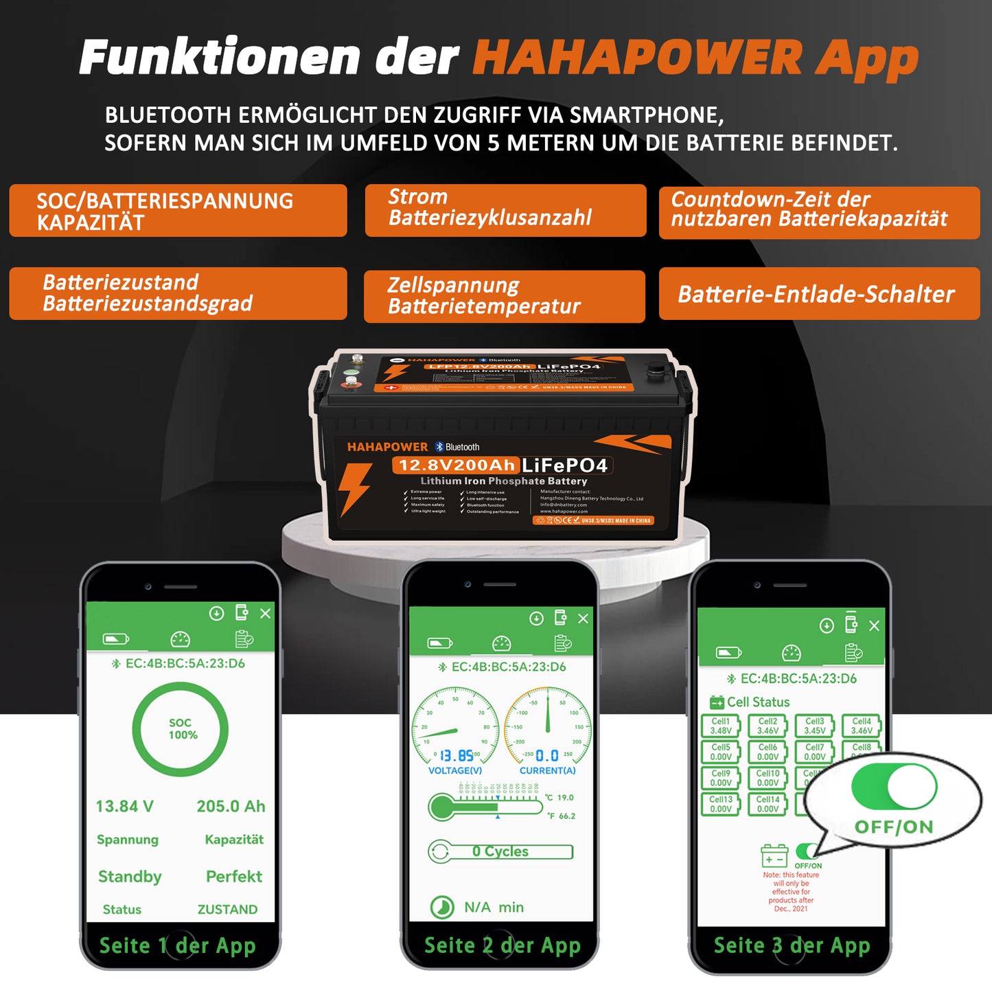 HAHAPOWER 12V 200Ah Bluetooth LiFePO4 Battery