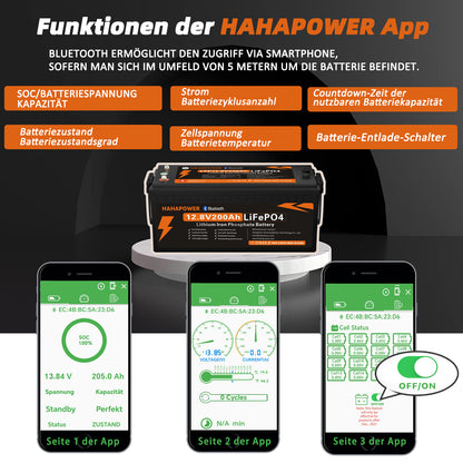 HAHAPOWER 12V 200Ah Bluetooth LiFePO4 Battery