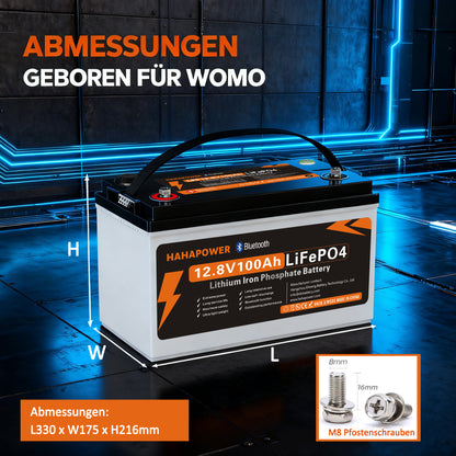 HAHAPOWER 12.8V 100Ah Bluetooth LiFePO4 Battery