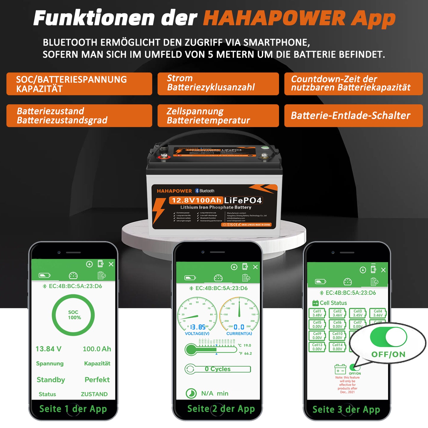 HAHAPOWER 12.8V 100Ah Bluetooth LiFePO4 Battery