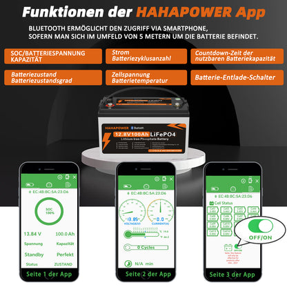 HAHAPOWER 12.8V 100Ah Bluetooth LiFePO4 Battery