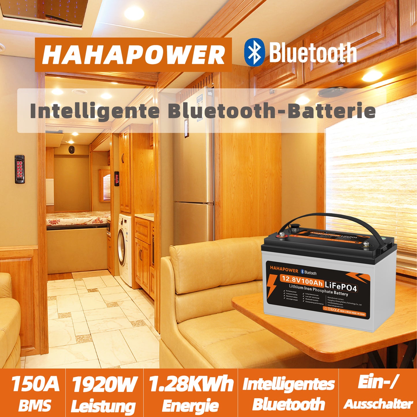 HAHAPOWER 12.8V 100Ah Bluetooth LiFePO4 Battery