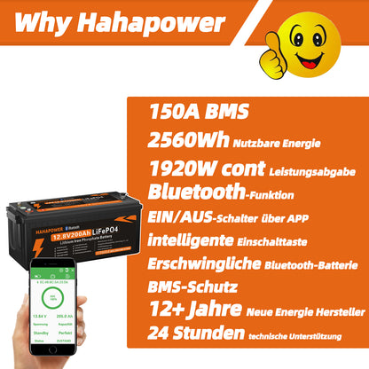 HAHAPOWER 12V 200Ah Bluetooth LiFePO4 Battery