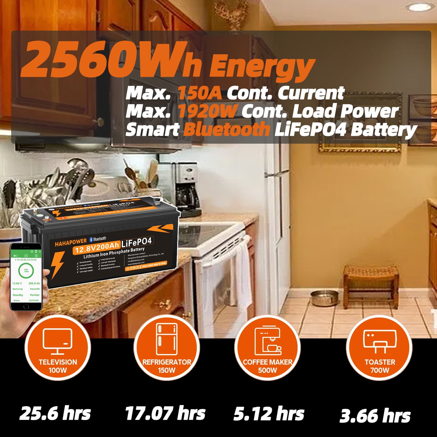 HAHAPOWER 12V 200Ah Bluetooth LiFePO4 Battery