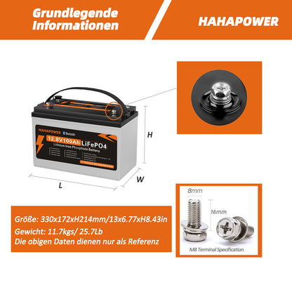 HAHAPOWER 12.8V 100Ah Bluetooth LiFePO4 Battery