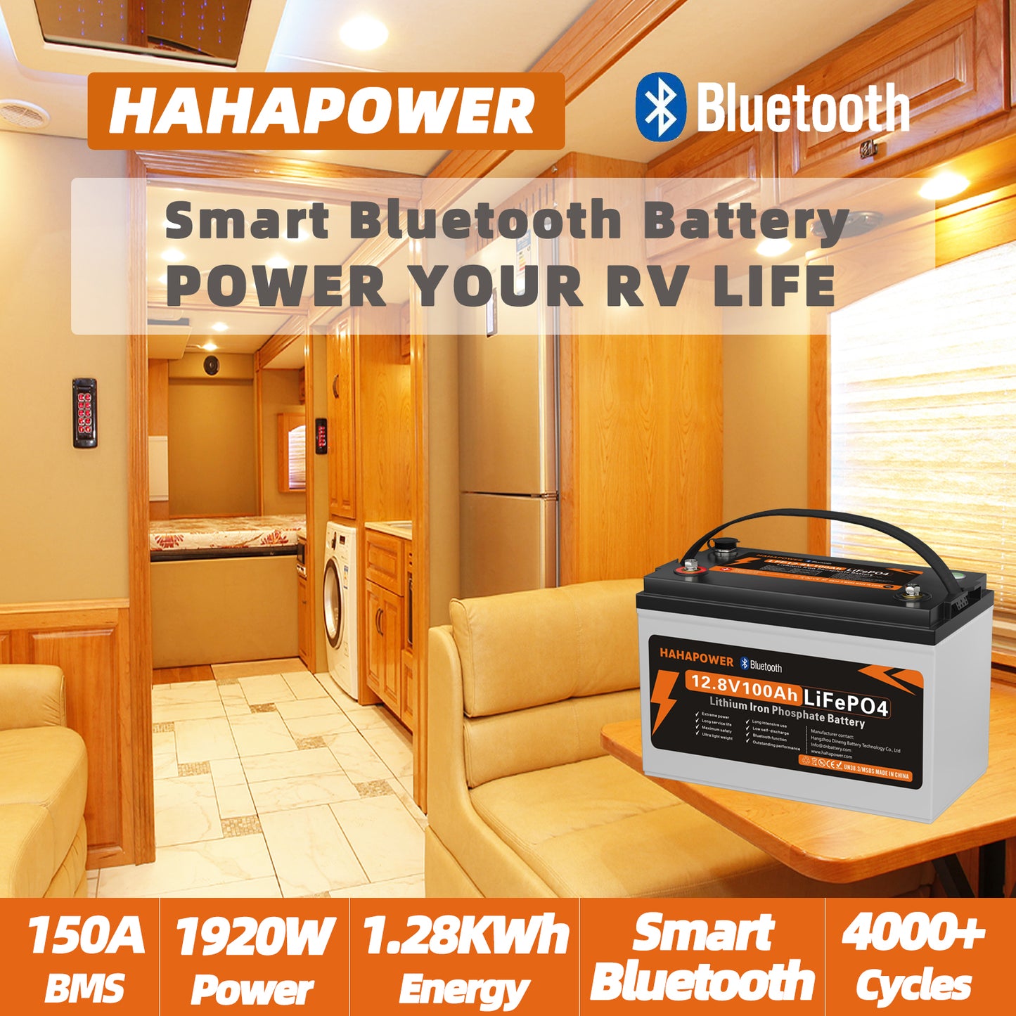 HAHAPOWER 12.8V 100Ah Bluetooth LiFePO4 Battery