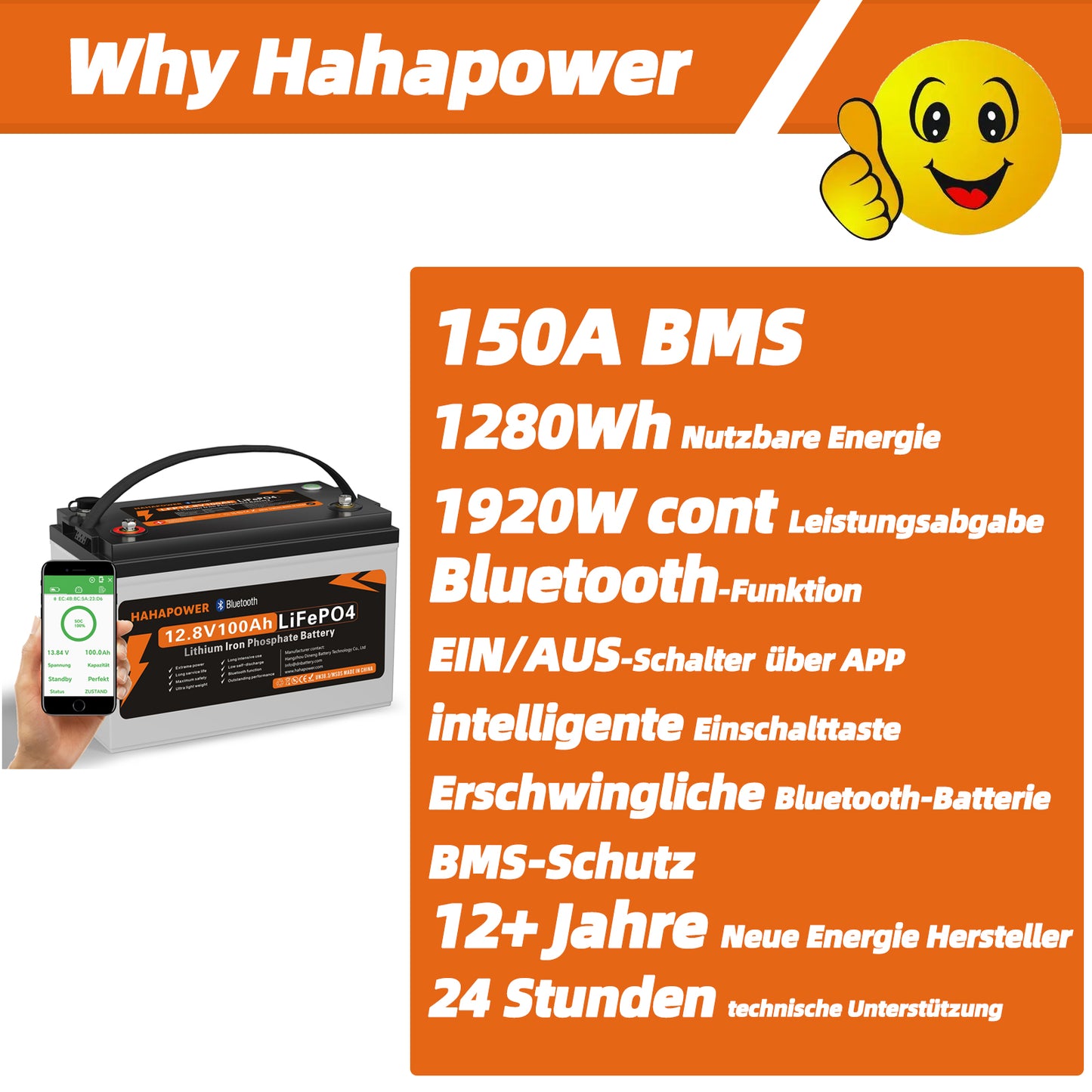 HAHAPOWER 12.8V 100Ah Bluetooth LiFePO4 Battery