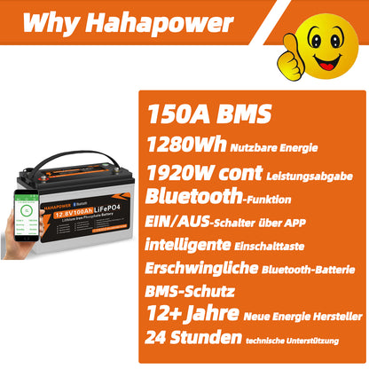 HAHAPOWER 12.8V 100Ah Bluetooth LiFePO4 Battery
