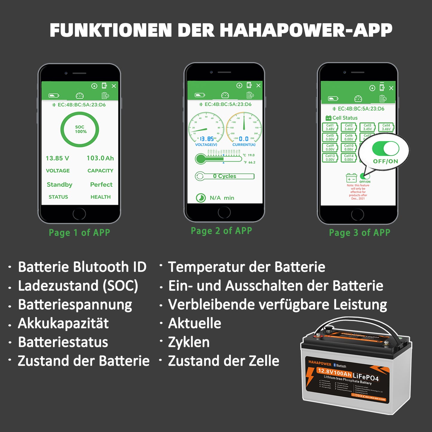HAHAPOWER 12.8V 100Ah Bluetooth LiFePO4 Battery