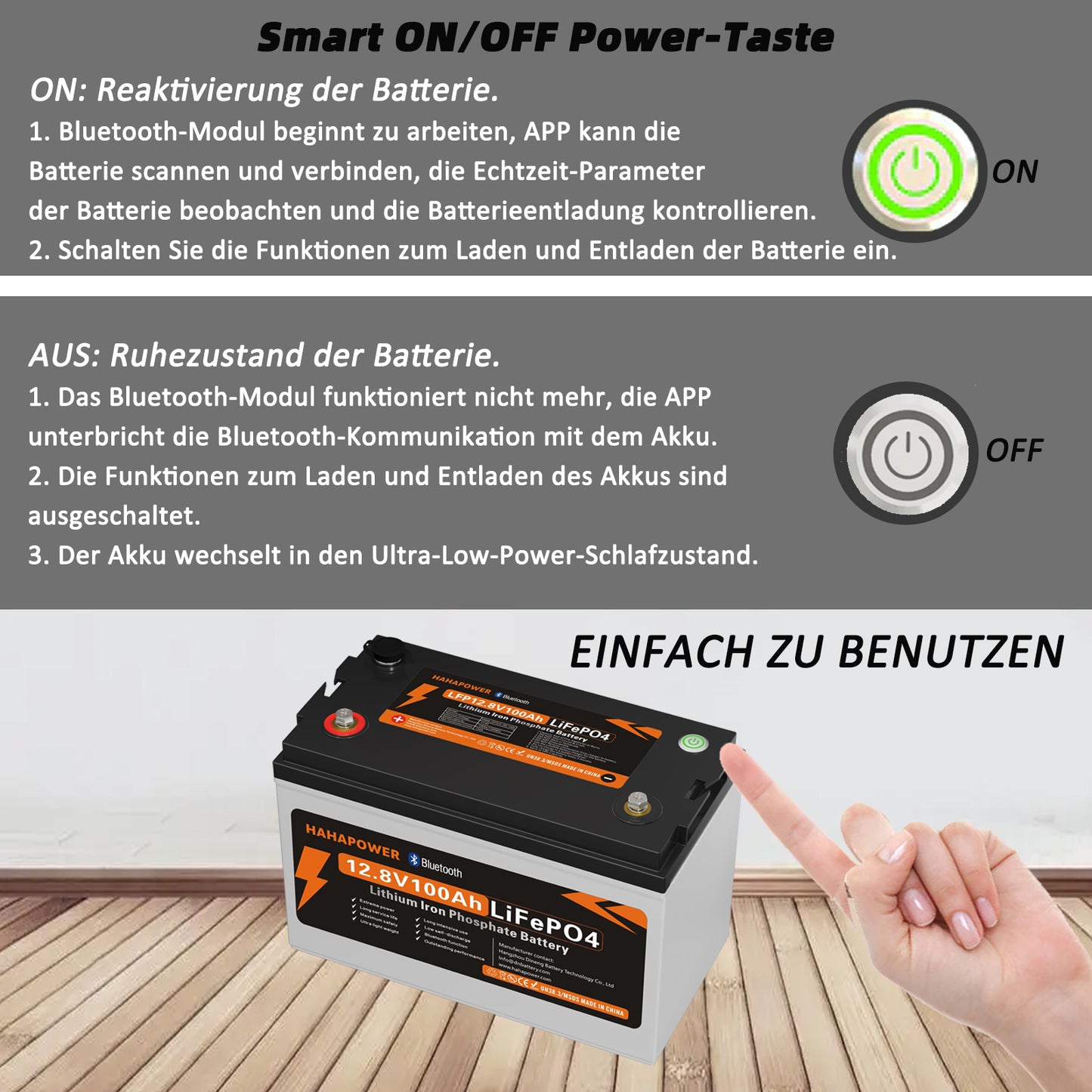 HAHAPOWER 12.8V 100Ah Bluetooth LiFePO4 Battery